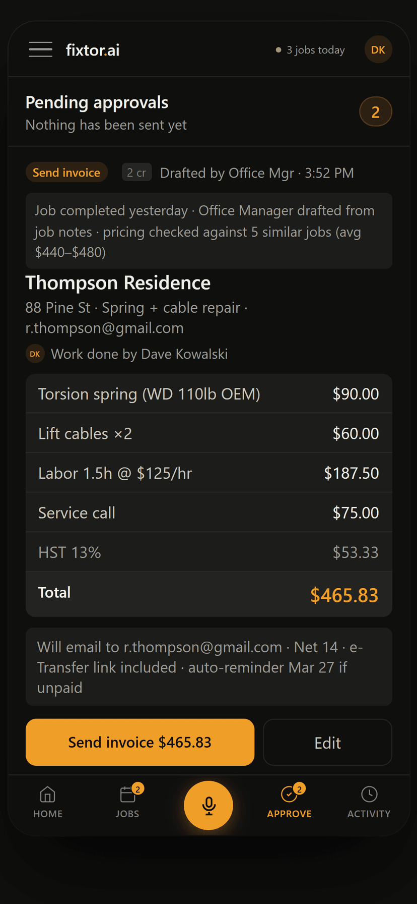 Fixtor.ai approval queue on mobile showing invoice ready to send