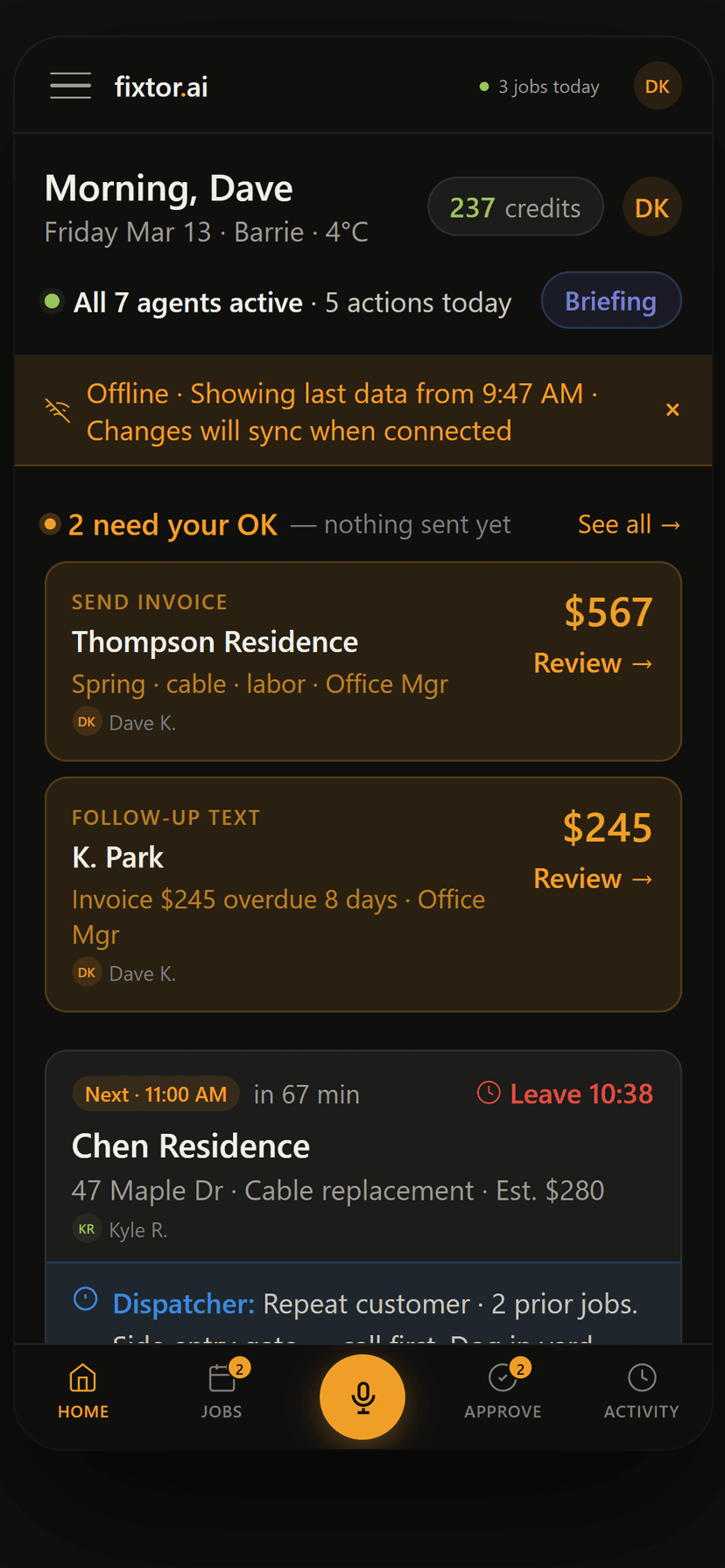 Fixtor.ai mobile app showing job creation via voice and manual entry