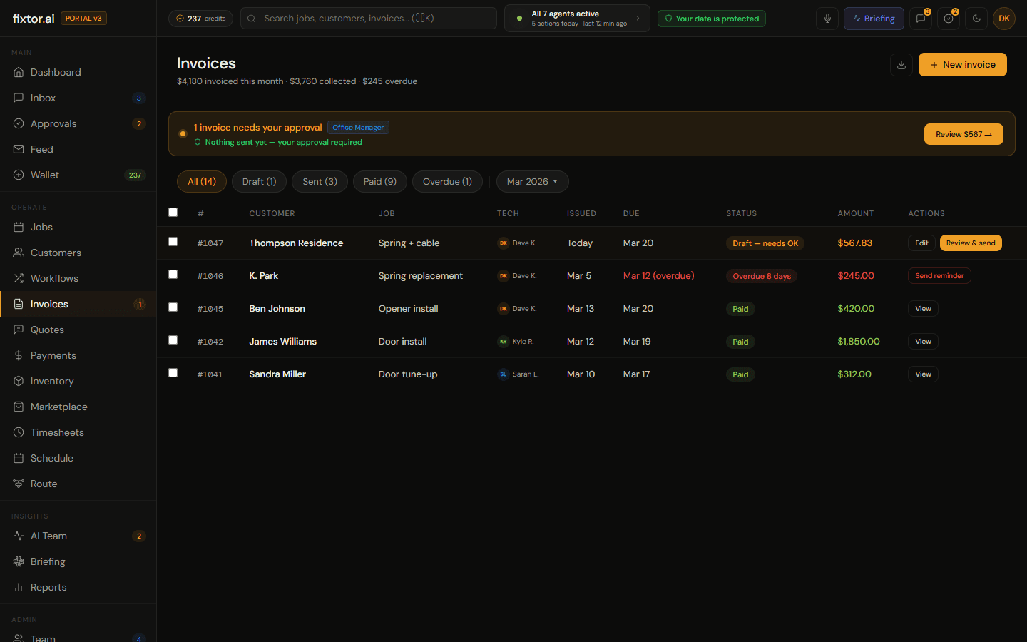 Fixtor.ai invoices page showing sent and paid invoices